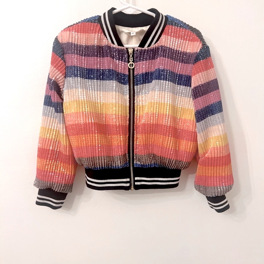 rainbow sequin sparkly striped varsity jacket